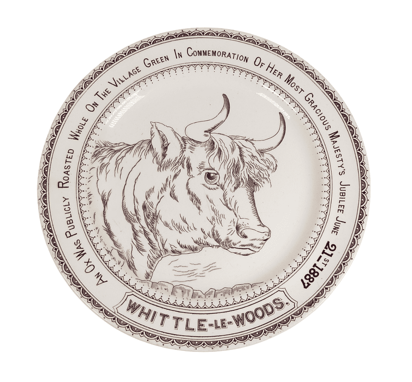 Antique Kitchen 1887 Whittle-Le-Woods Village Ox Roast Ironstone Hancock Plate Queen Victoria
