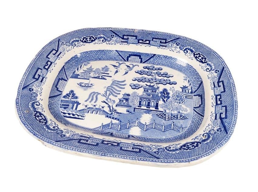 Antique Kitchen Early 19th Century Staffordshire Blue & White Willow Pattern Plate Meat Platter