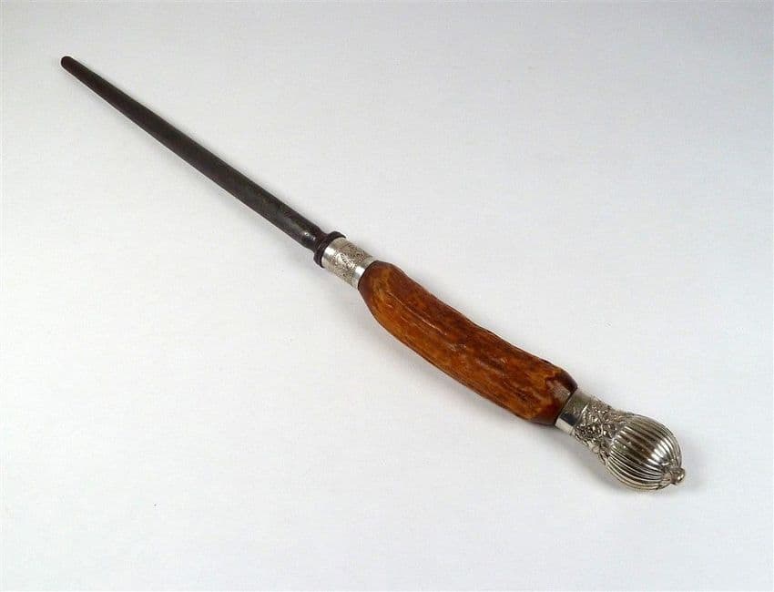 Antique Kitchen Knife Sharpener Cast Steel 1855 Diamond Reg Mark Antler Horn Silver Plate Mounts