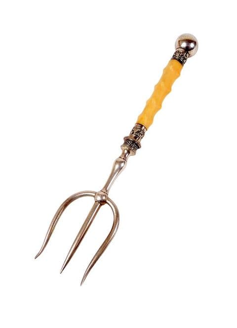 Antique Kitchen Ornate Bread Meat Silver Plate & Ivorine Serving Fork Gnarled Handle Circa 1900
