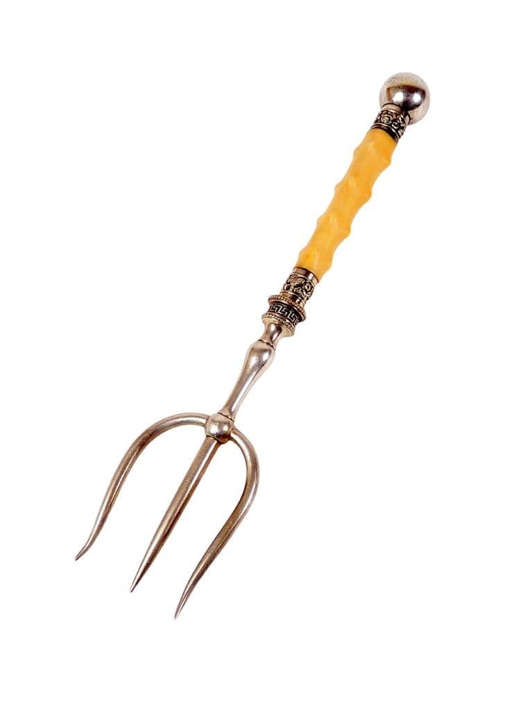 Antique Kitchen Ornate Bread Meat Silver Plate & Ivorine Serving Fork Gnarled Handle Circa 1900