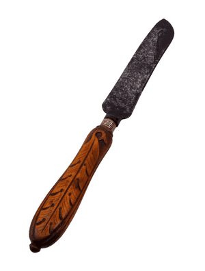 Antique Kitchen Utensil Carved Peacock Wood Handled Bread Steel Knife 1880s Bird Feather Victorian
