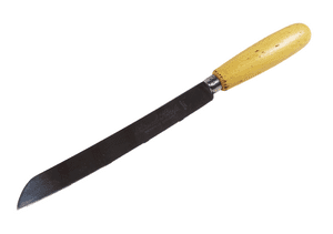 Antique Kitchen Utensil Wood Handled Bread Knife in Original Yellow Paint Sheffield Stainless Steel