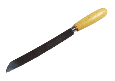 Antique Kitchen Utensil Wood Handled Bread Knife in Original Yellow Paint Sheffield Stainless Steel