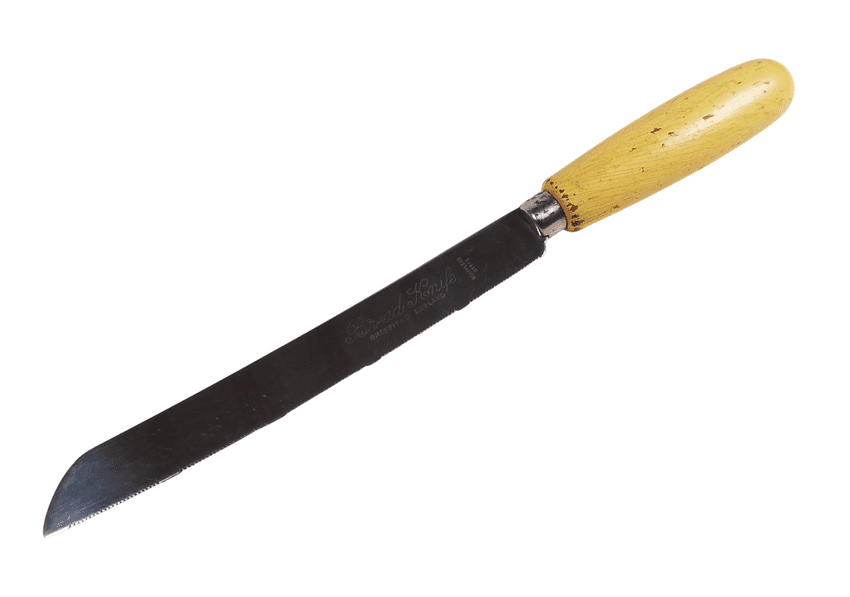 Antique Kitchen Utensil Wood Handled Bread Knife in Original Yellow Paint Sheffield Stainless Steel