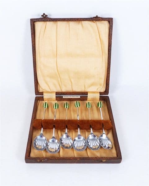 Antique Kitchen Vintage Cased Set of 6 English Chrome Plate Coffee Spoons Green & White Beans