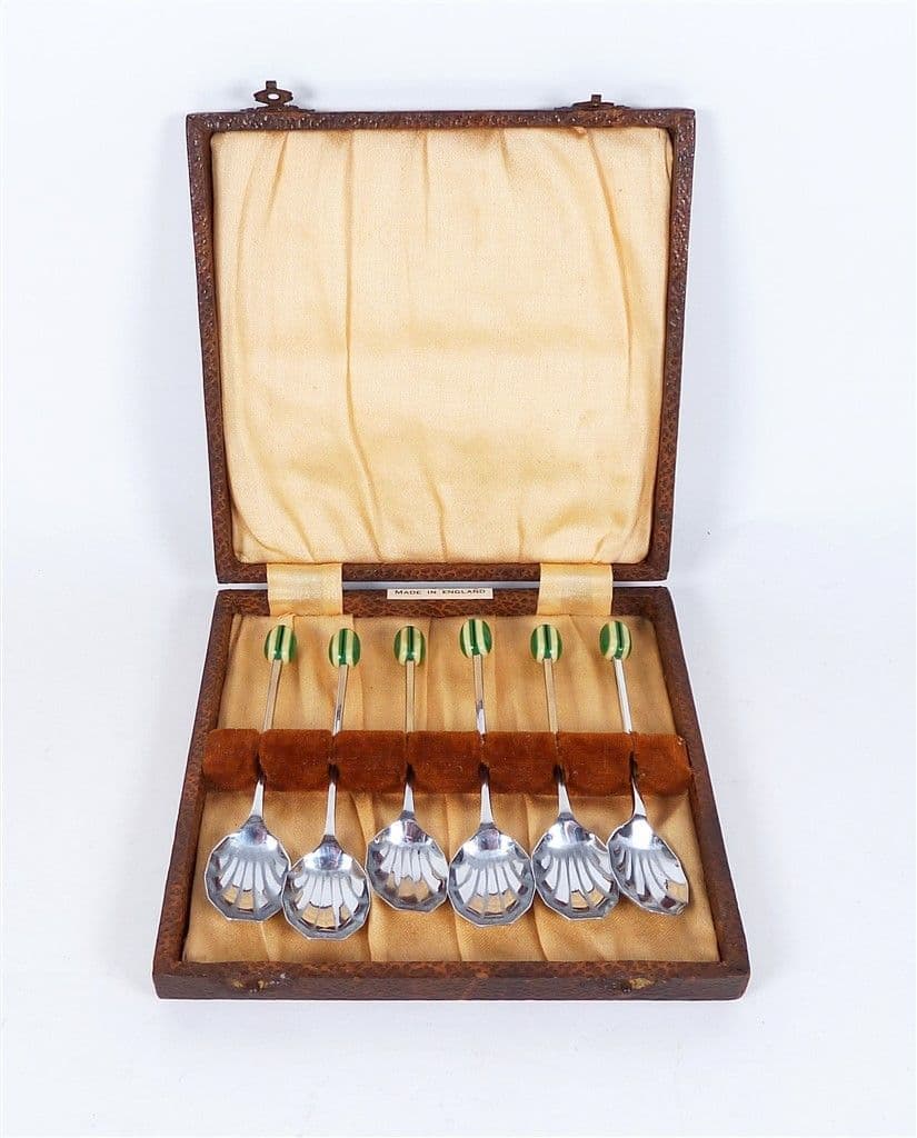 Antique Kitchen Vintage Cased Set of 6 English Chrome Plate Coffee Spoons Green & White Beans