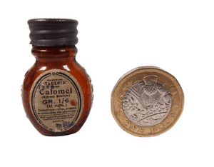 Antique Medical Burroughs Wellcome & Co London Tabloid Calomel 1.5" Tiny Glass Bottle c1900 Chemist