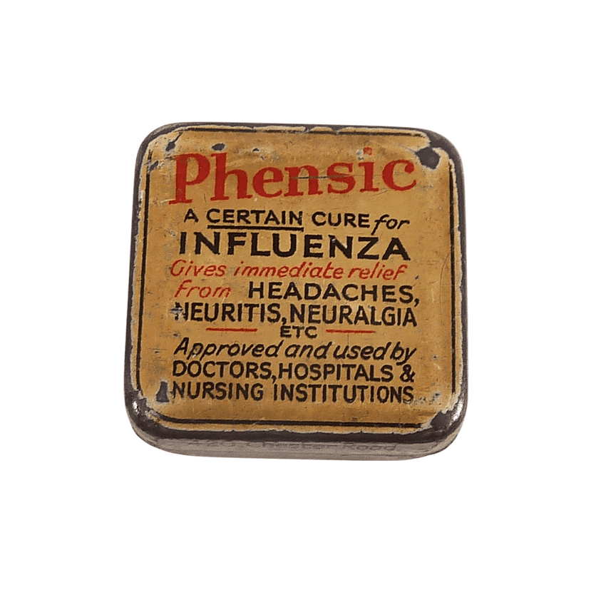 Antique Medical Phensic Ltd 420 Chester Rd Manchester Tiny Sample Tablet Tin c1930 Chemist Asprin