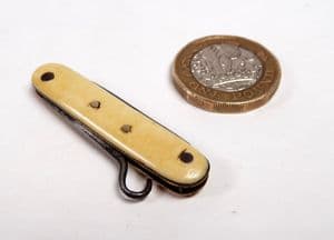 Antique Mini Folding Folder Pocket Pen Knife Button Hook Celluloid Scales Brass Steel