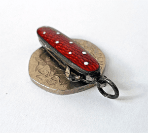 Antique Miniature Enamel Ladies Chatelaine Folding Glove Button Hook Ladybird Red White Polk Dot