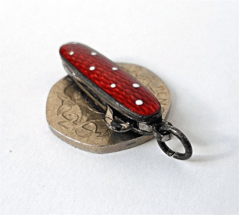 Antique Miniature Enamel Ladies Chatelaine Folding Glove Button Hook Ladybird Red White Polk Dot