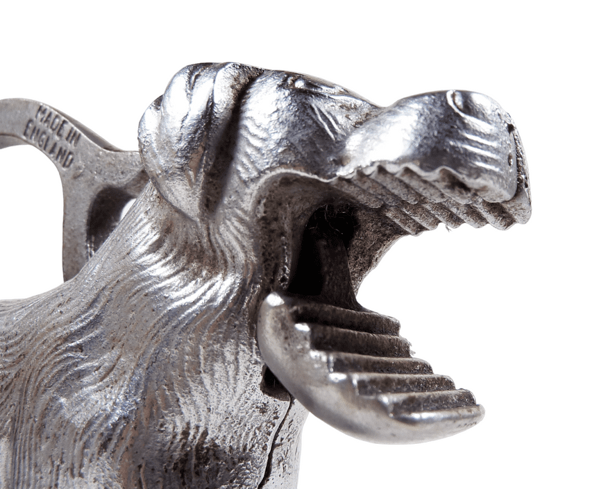 Antique Nickel Plated Cast Iron Figural 1928 Patent Dog Nutcracker Nut Cracker 1930s