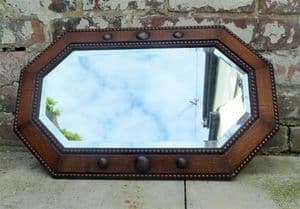 Antique Oak Beaded Bevelled Frame & Glass Mirror with Chain Circa 1930s Art Deco