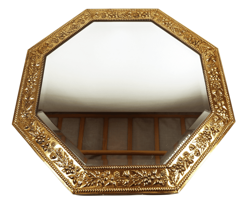 Antique Octagonal Brass & Wood Bevelled Glass Wall Mirror with Chain Circa 1930s Leaves and Berries