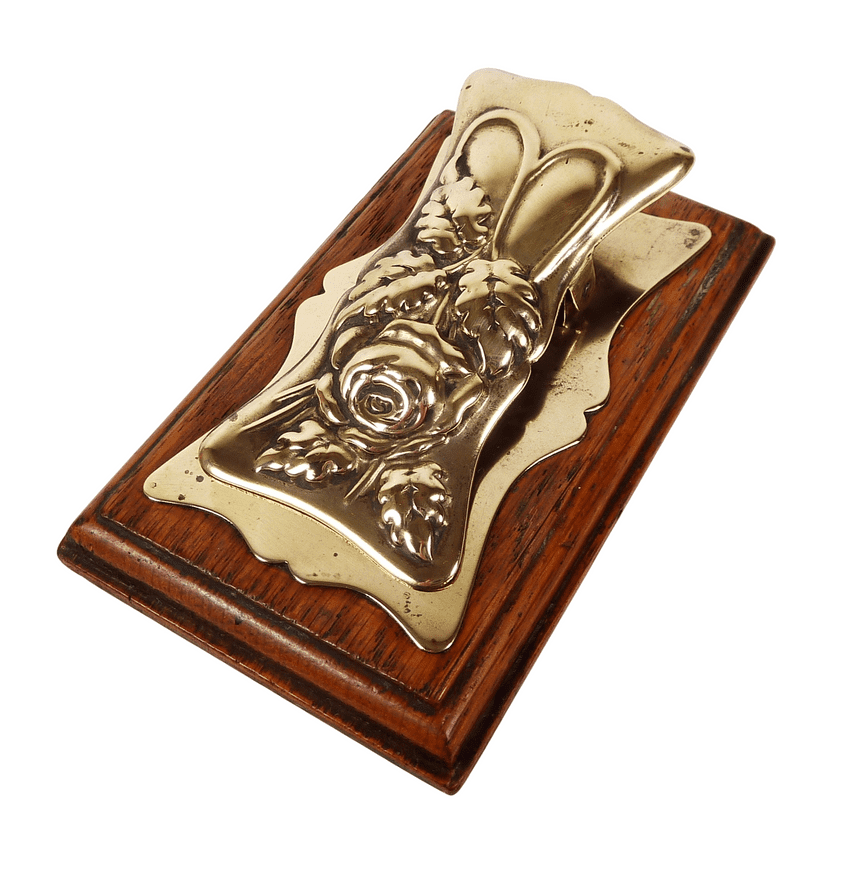 Antique Office Desk Late 19th Century Brass & Oak Letter Clip Card Holder Rose & Leaves Art Nouveau