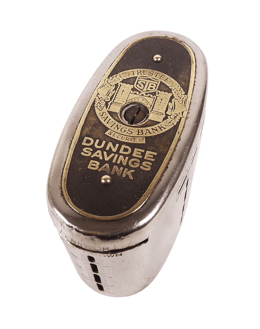 Antique Patent Recording Home Safe Money Box Bank Dundee Savings Bank No 6208 1920/30s Crest