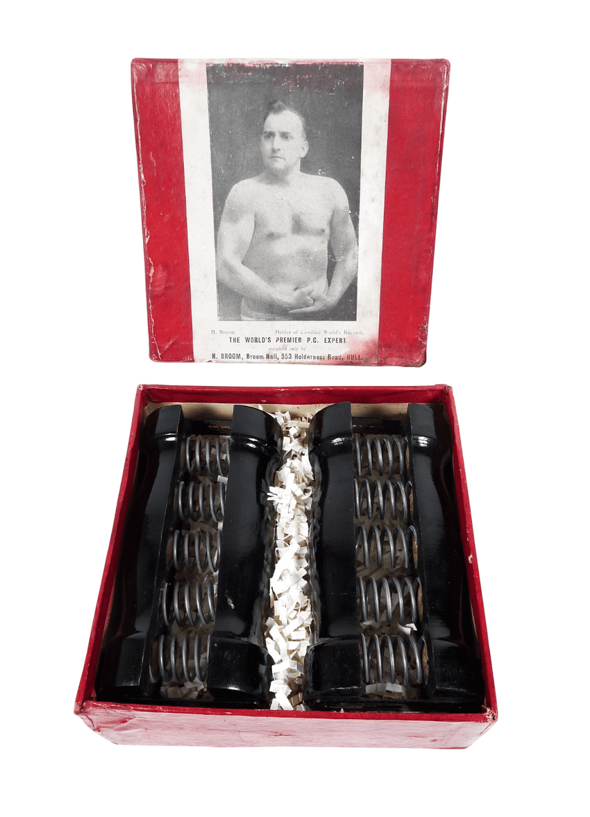 Antique Physical Culture Gym Boxed Weights H Broom Hull Spring Grip Strength Dumbbell 1930s Sandow