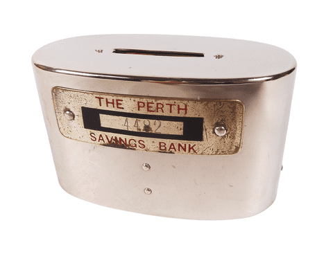 Antique Portable Type Home Safe Money Box Perth Savings Bank No 4482 1920/30s Taylor Law & Co Tala