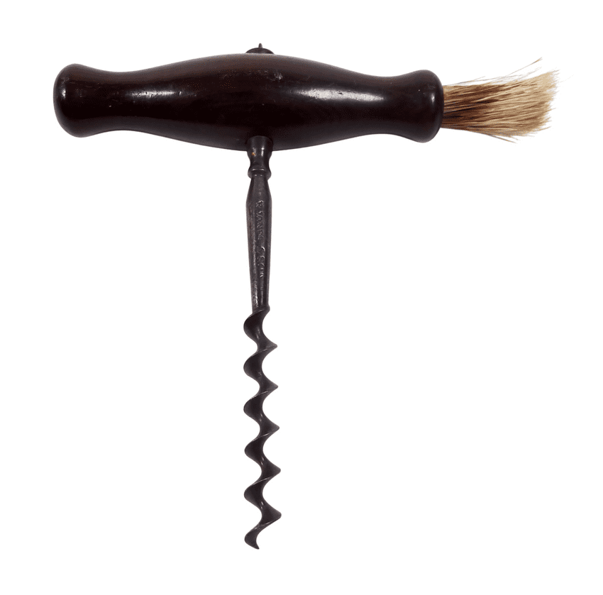 Antique R Jones & Son Rosewood Handle Direct Pull T Tee Corkscrew Dusting Brush Loop 1880s Victorian