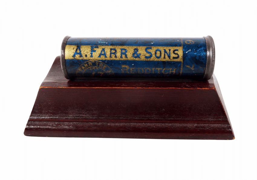 Antique Sewing Jahncke's Mitrailleuse Patent A Farr & Sons Redditch Blue Needle Tin Case Holder