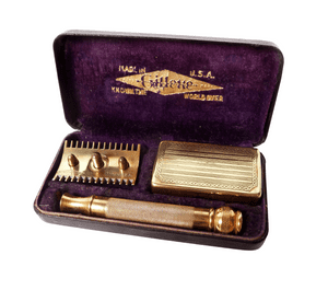 Antique Shaving Boxed Gillette Gold Tone 3 Piece Open Comb Safety Razor USA Standard DE Blade 1920s