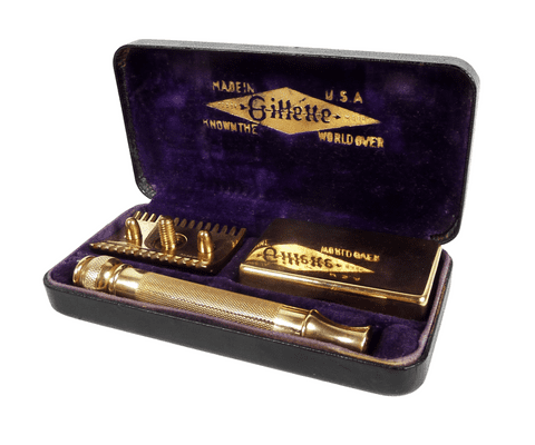 Antique Shaving Boxed Gillette Gold Tone 3 Piece Open Comb Safety Razor USA Standard DE Blade 1920s