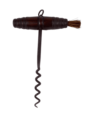 Antique Turned Rosewood Handle Direct Pull T Tee Corkscrew with Dusting Brush Loop 1880s Victorian