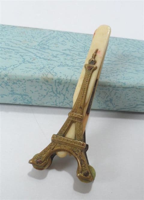 Antique Vanity Ladies Folding Eiffel Tower Brass Bone Manicure Set Nail Kit Tool Grooming Figural