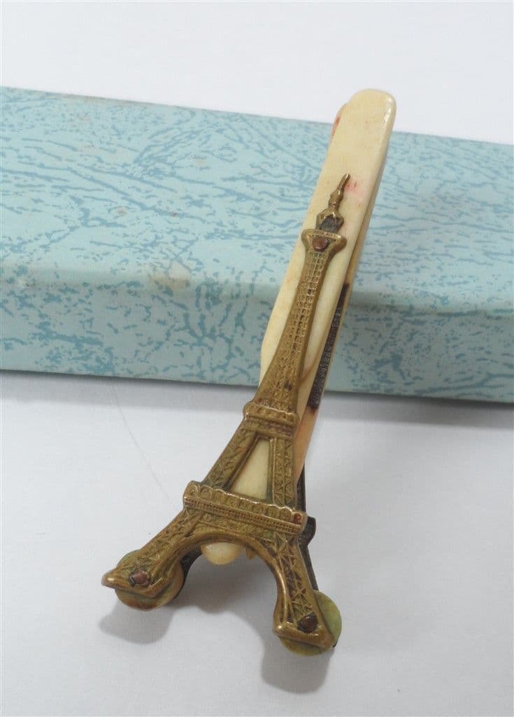 Antique Vanity Ladies Folding Eiffel Tower Brass Bone Manicure Set Nail Kit Tool Grooming Figural