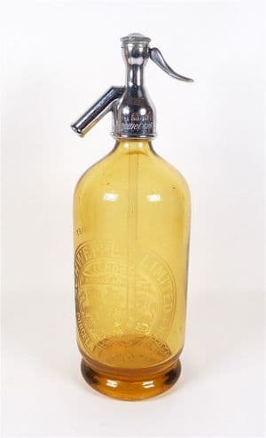 Antique Vintage Amber Glass Soda Siphon Schweppes 39 British Syphon Co London Chrome Top