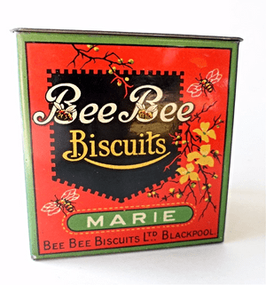 Antique Vintage Biscuit Tin Bee Bee Biscuits Ltd Blackpool Marie Sample Money Savings Box Symbols