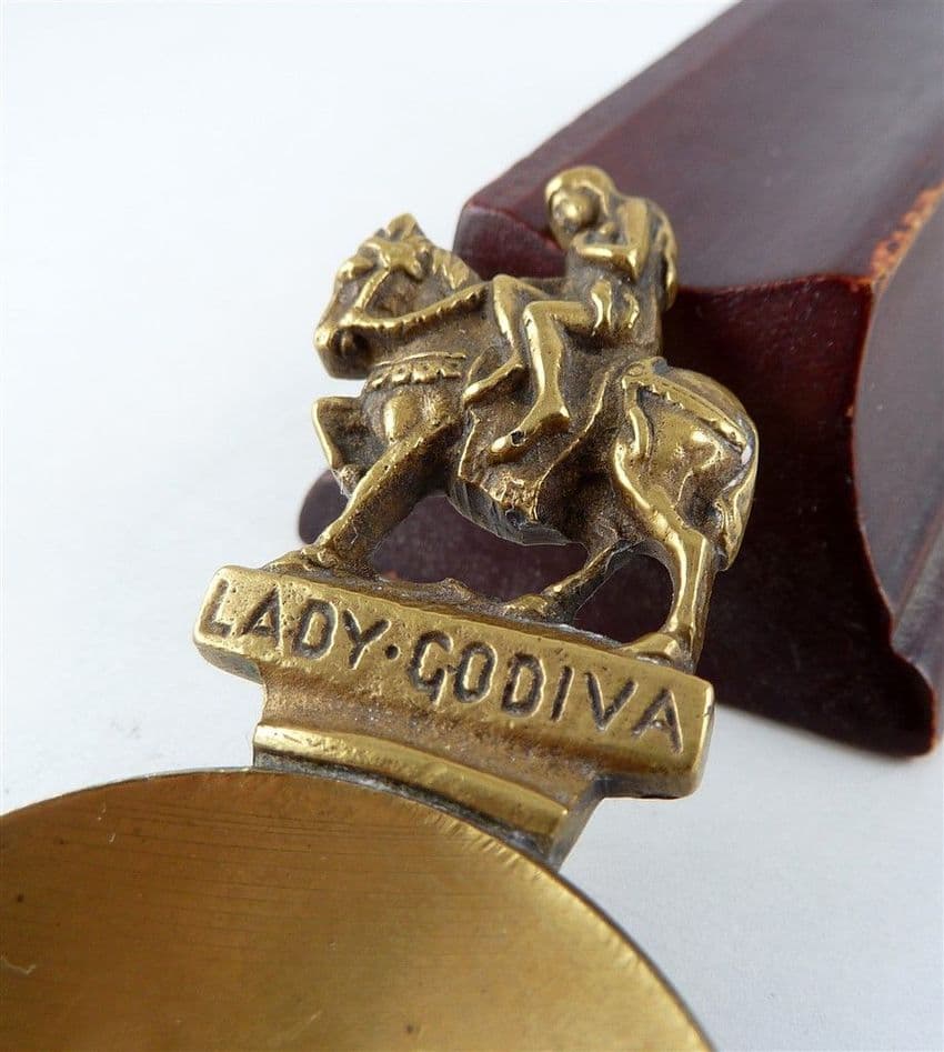 Antique Vintage Brass Caddy Spoon Lady Godiva Horseback 17864 Teaspoon Figure Coventry Horse