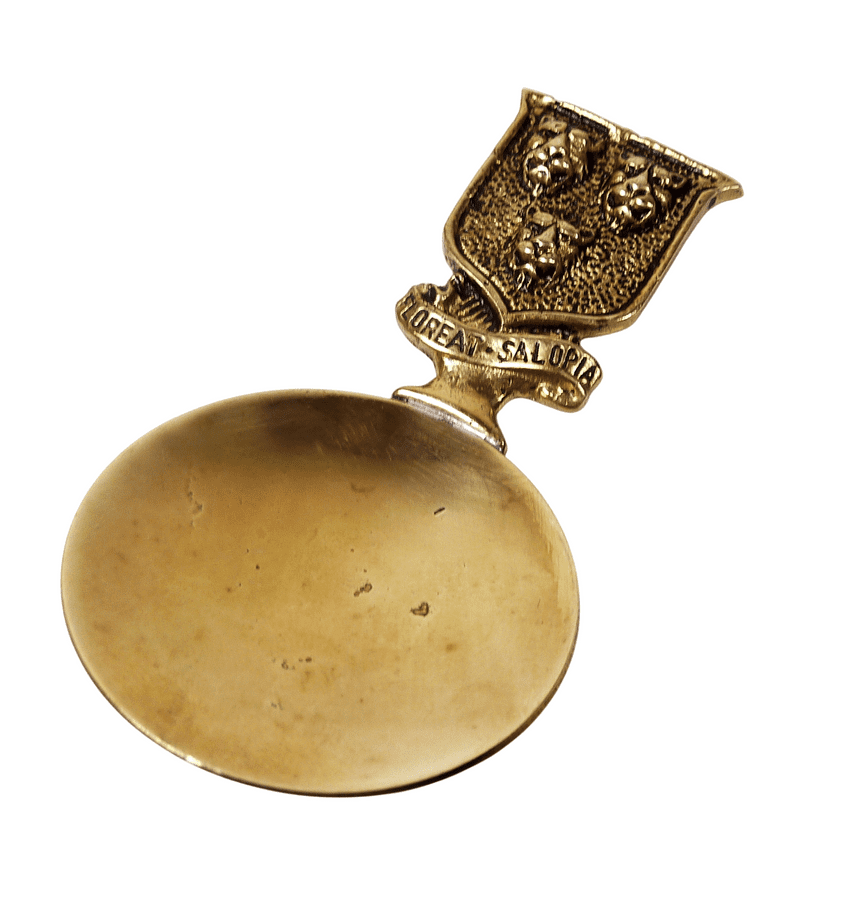 Antique Vintage Brass Figural Top Caddy Spoon Shrewsbury Crest Coat Of Arms Leopard Heads 18462