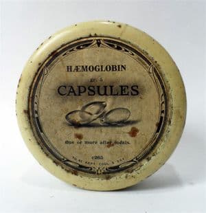Antique Vintage Chemist Medical Tin Haemoglobin Capsules 1910s Paper Label Seals Pictorial Blood