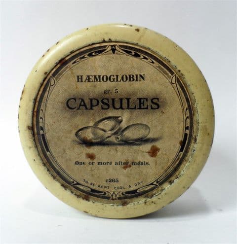 Antique Vintage Chemist Medical Tin Haemoglobin Capsules 1910s Paper Label Seals Pictorial Blood