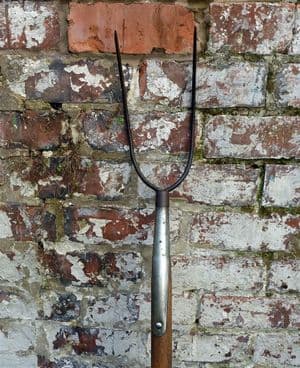 Antique Vintage Farming Tool Long Handled Hay Pitch Fork 2 Tine Prong Barn Polished Stainless