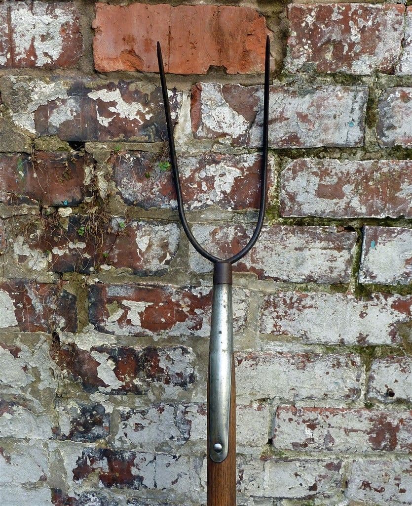 Antique Vintage Farming Tool Long Handled Hay Pitch Fork 2 Tine Prong Barn Polished Stainless