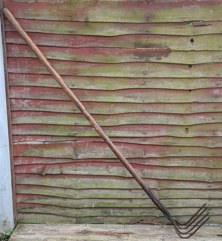 Antique Vintage Farming Tool Long Thick Handled Manure Drag Fork 4 Tine ...