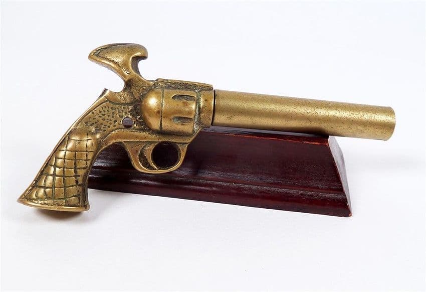 Antique Vintage Figural Brass Gun Revolver Pistol Sheath Corkscrew 1930s Bottle Opener