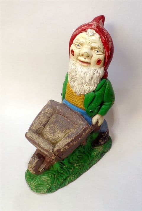 Antique Vintage Large Heavy Reconstituted Stone Garden Gnome Wheelbarrow Ornament Home Door Stop