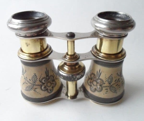 Antique Vintage Opera Glasses Brass Nickel Plated Embossed Floral Design Circa 1900s