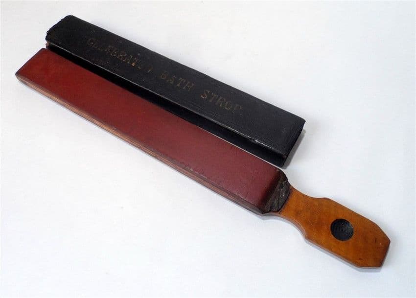 Antique Vintage Shaving Leather & Wood Straight Razor Blade Celebrated Bath Strop Barbers Cut Throat