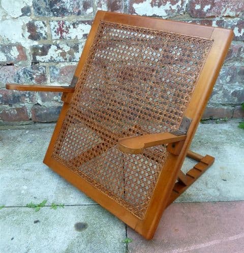 Antique Wood Framed Cane Folding Back Rest 1910s Arm Beach Picnic Camping Travel Holiday Bed