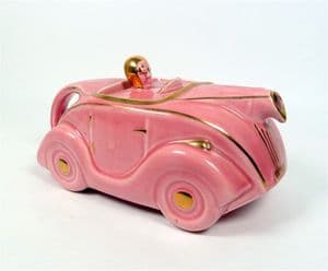 Art Deco OKT42 Sadler Racing Car Teapot Pink & Gold Lustre Coach Line Reg No 820236 Scarce Tea Pot