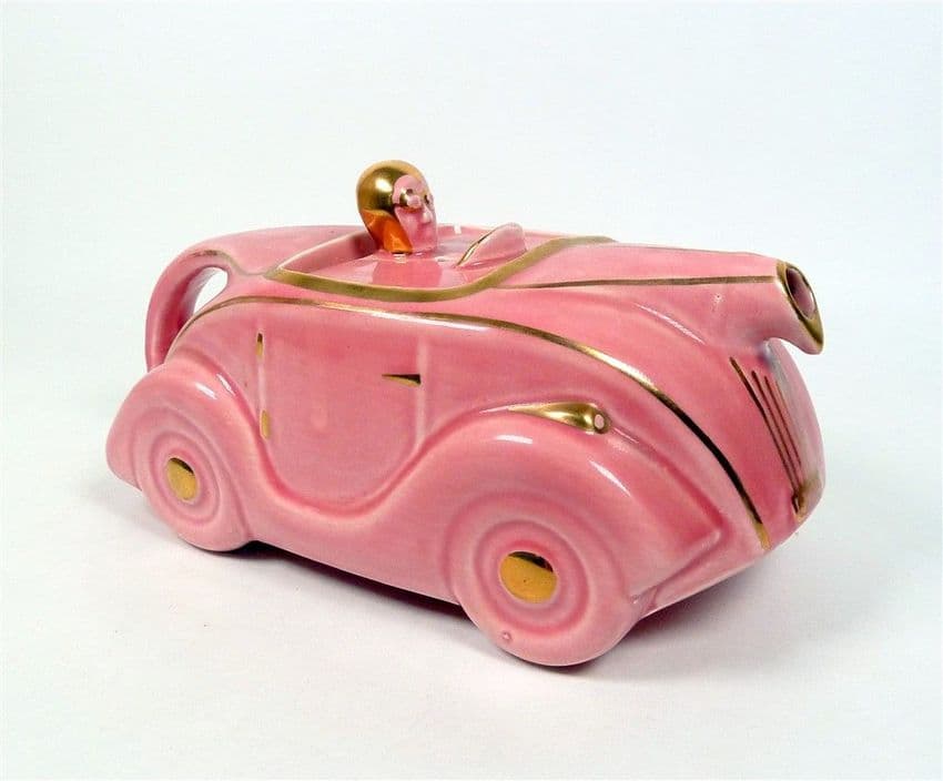 Art Deco OKT42 Sadler Racing Car Teapot Pink & Gold Lustre Coach Line Reg No 820236 Scarce Tea Pot