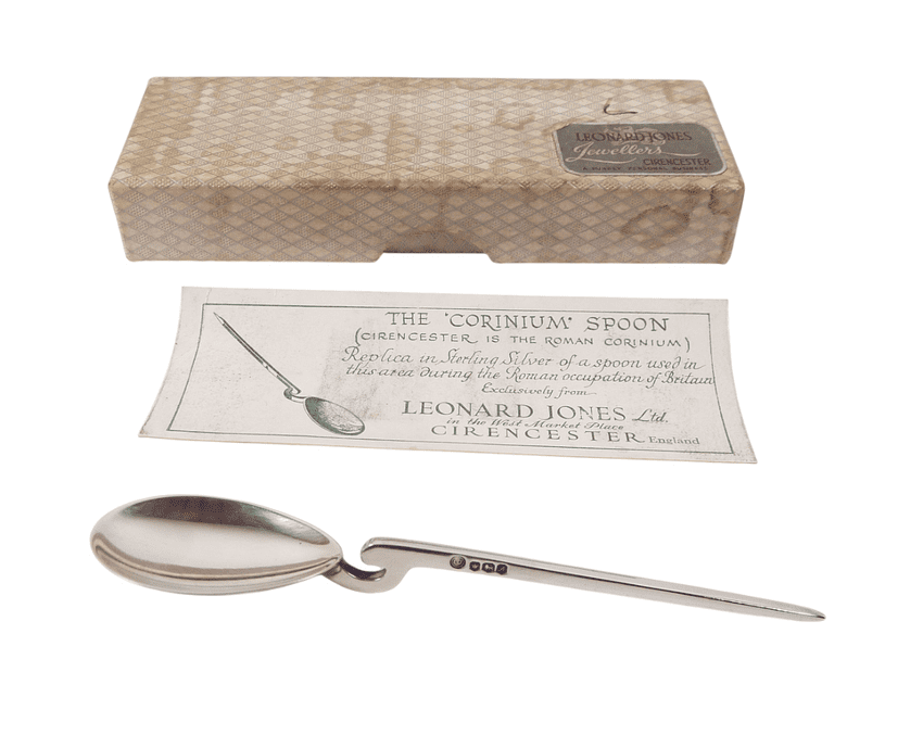 Boxed Vintage English Sterling Roman Corinium Goose Neck Silver Spoon Leonard Jones Cirencester