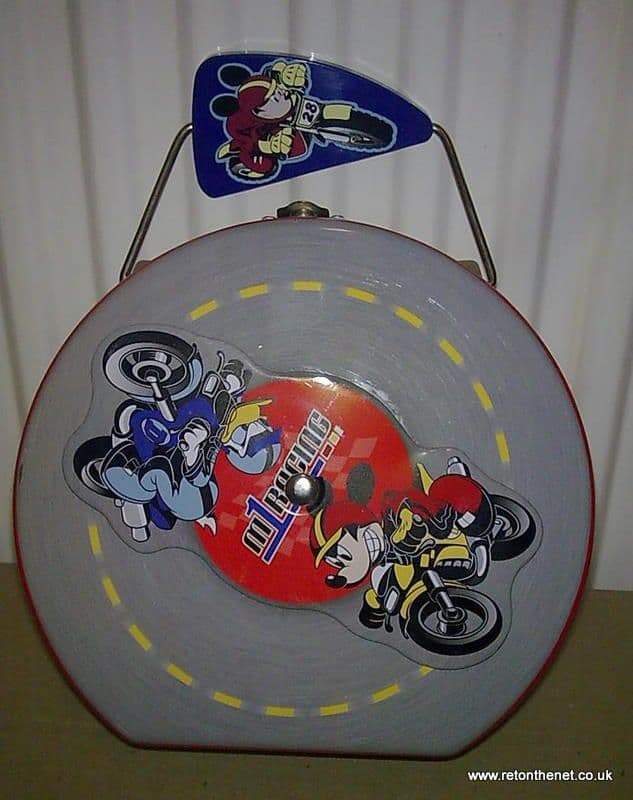 Disney Mickey Mouse M1 Motor Racing Metal Lunch Box Tin M Trax Speedway Spinner Bikes Motorbike
