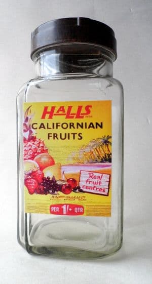 HTF Vintage Glass Bakelite Sweet Shop Storage Jar Hall's Whitefield Manchester England 1930s Halls Art Deco Californian Fruits