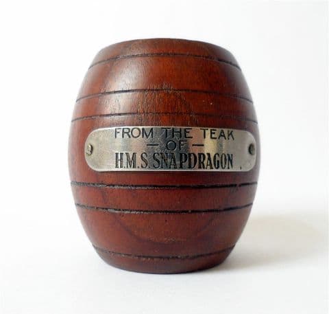 Vintage Treen HMS Snapdragon Teak Match Vesta Barrel 1930s 1940s Nautical Marine WW1 Royal Navy